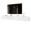 A modern, white, high-gloss TV lowboard mounted on the wall, with a large flat-screen TV mounted above it. The TV displays a list of names, likely credits. Voir les images du produit