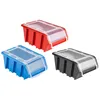 Three plastic storage bins with clear lids, in red, blue, and black, are displayed against a white background. Produktbild-Vorschau