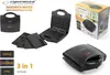A collage of images showing a sandwich maker, its removable plates, and its packaging. Náhled obrázku produktu