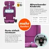 A collage of images showcasing a purple child car seat with various informational graphics and close-ups of its features. Produktbild-Vorschau