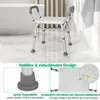 A shower chair in a bathroom setting, with close-up insets highlighting features. Podgląd zdjęcia produktu