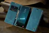 A blue leather flip case for a Samsung Galaxy S20 phone is shown open, with the phone displaying the time and date. The case has slots for cards. Produktbild-Vorschau