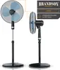 Two Brandson stand fans are shown against a white background. The fan on the left is shown from the front, and the fan on the right is shown from the side. There is also a graphic overlay with text and dimensions. Náhľad obrázku produktu