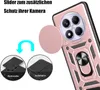 A close-up of a phone case with a camera slider and ring holder, with inset images demonstrating installation and removal. Produktbild-Vorschau