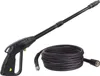 A black pressure washer gun with an extension wand and a coiled black pressure washer hose are displayed against a white background. Produktbild-Vorschau