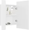 A white bathroom cabinet with its door open, showing shelves and some items inside. Produktbild-Vorschau