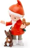A small figurine of a gnome-like character in a red coat and hat, holding acorns, with a squirrel at its feet. Produktbild-Vorschau