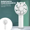 A white handheld fan with a teal and white background, with text describing its features. Produktbild-Vorschau