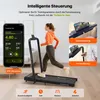 A woman is running on a treadmill while a smartphone displays app controls. The image also shows close-ups of the treadmill's control panel and a remote control. Produktbild-Vorschau