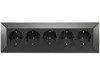A black power strip with five outlets, mounted on a white background. Produktbild-Vorschau