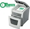A Leitz IQ Autofeed shredder is shown with its lid open, feeding paper. A graphic overlay highlights 'Time-Saving Technology'. Náhľad obrázku produktu