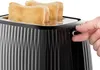 A person's finger is pressing the lever on a black toaster with two slices of toast inside. Podgląd zdjęcia produktu