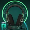 A pair of black and green gaming headphones are displayed on a stand, with a glowing green circular graphic behind them and a battery icon in the lower left corner. Produktbild-Vorschau