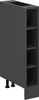 A 3D render of a narrow gray cabinet with open shelving and adjustable legs. Anteprima dell’immagine prodotto