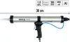A pneumatic caulking gun is shown against a white background with measurement indicators and technical specifications displayed above. Produktbild-Vorschau
