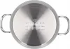 The bottom of a stainless steel pot with handles, showing branding and symbols. Podgląd zdjęcia produktu