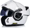 A white modular motorcycle helmet with a blue tinted visor and a black logo on the side. Voir les images du produit