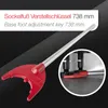 A red and silver tool for adjusting furniture feet, shown against a dark, textured background with an inset image demonstrating its use. Produktbild-Vorschau
