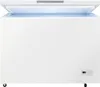 A white chest freezer with its lid open, showing the interior lit with blue light. The freezer has a digital display on the front right. Produktbild-Vorschau