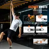 A man is climbing a rope in a gym, with instructional diagrams showing how to attach the rope. Produktbild-Vorschau