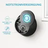 Close-up of a smart door lock with features highlighted by text and icons. Produktbild-Vorschau