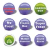 A grid of nine circular icons, each representing a feature of a refrigerator. The icons are purple and green, with white and red text. Produktbild-Vorschau