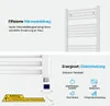 A split image showing a white electric towel radiator with descriptive text and icons. Voir les images du produit