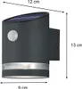 A gray outdoor wall light with a solar panel and motion sensor, with dimensions indicated. Anteprima dell’immagine prodotto