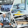 A collage of images related to industrial manufacturing and construction, featuring aluminum profiles, tools, and a worker. Produktbild-Vorschau