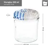 A clear glass jar with a blue and white checkered lid, shown with dimensions indicated. Voir les images du produit