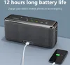 A portable speaker is shown charging a mobile phone, with text highlighting its long battery life and emergency charging capability. Produktbild-Vorschau