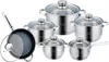 A set of stainless steel cookware with glass lids, including pots and a frying pan, arranged on a white background. Produktbild-Vorschau