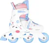 A single white inline skate with blue and pink accents, shown from the side against a white background. Produktbild-Vorschau