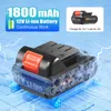 A 12V Li-ion battery pack for a power tool, with promotional text and graphics. Náhled obrázku produktu