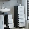 A modern bathroom vanity with a sink and a tall cabinet with drawers. Produktbild-Vorschau