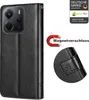 A black flip wallet case for a smartphone, shown with a magnetic closure detail and marketing badges. Produktbild-Vorschau