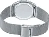 The back of a silver digital watch with a mesh band. Voir les images du produit