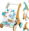 A wooden baby walker with various interactive toys and colorful decorations, shown from the front and with smaller inset images showing different angles and designs. Produktbild-Vorschau