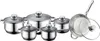 A set of stainless steel pots and pans with glass lids, arranged on a white background. Anteprima dell’immagine prodotto