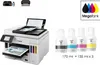A Canon MAXIFY GX 7050 printer with ink bottles and marketing graphics. Produktbild-Vorschau