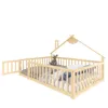 A wooden children's bed with a house-shaped frame and safety rails, set against a white background. Voir les images du produit