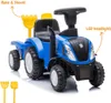 A blue toy tractor with a trailer, shown from a front-side angle on a white background. Text annotations highlight features. Voir les images du produit