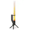 A black metal outdoor fireplace with a clear glass tube containing flames, standing on a tripod base. Produktbild-Vorschau