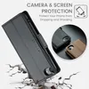 A dark grey flip phone case is shown diagonally, with a graphic illustrating camera and screen protection. Inset circles show two other phone cases in black and brown. Produktbild-Vorschau