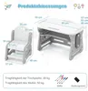 A diagram showing the dimensions of a child's desk and chair set, along with information about weight capacity and included accessories. Produktbild-Vorschau