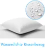 A white pillow on a light gray surface, with a close-up inset showing water droplets on fabric. Produktbild-Vorschau