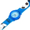 A close-up, angled view of a blue children's watch with a soccer ball theme. Produktbild-Vorschau