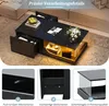 A black coffee table with LED lighting and drawers, shown in a living room setting with a sofa and rug. Close-up shots highlight features. Anteprima dell’immagine prodotto