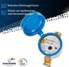 A water meter with its protective cover open, set against a white background with blue graphic elements and text. Produktbild-Vorschau