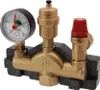 A brass pressure relief valve assembly with a pressure gauge, mounted on a black insulating base. Anteprima dell’immagine prodotto